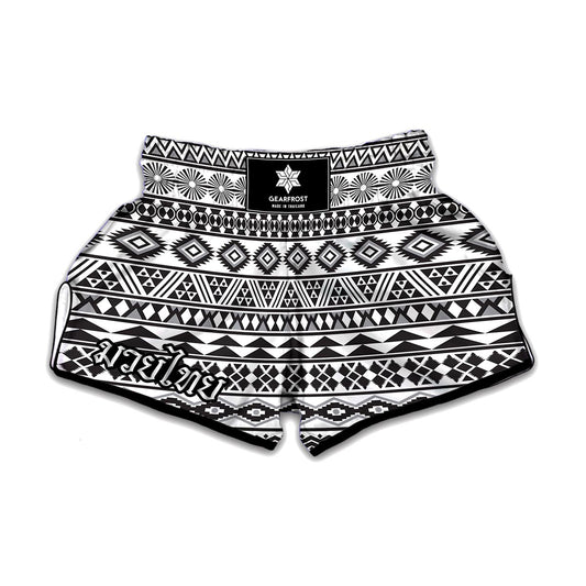 White And Grey Aztec Pattern Print Muay Thai Boxing Shorts