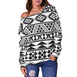 White And Grey Aztec Pattern Print Off Shoulder Sweatshirt GearFrost