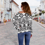 White And Grey Aztec Pattern Print Off Shoulder Sweatshirt GearFrost