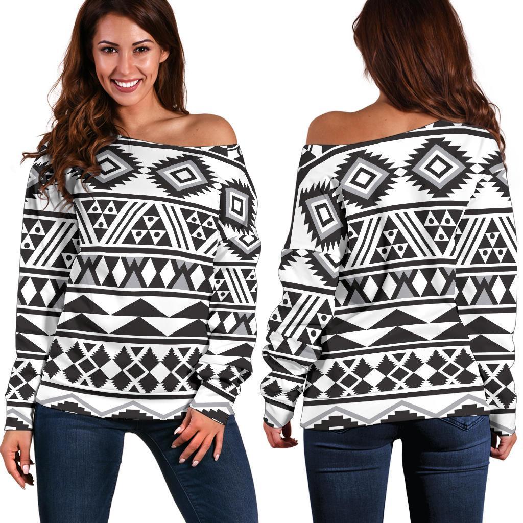 White And Grey Aztec Pattern Print Off Shoulder Sweatshirt GearFrost