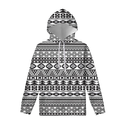 White And Grey Aztec Pattern Print Pullover Hoodie