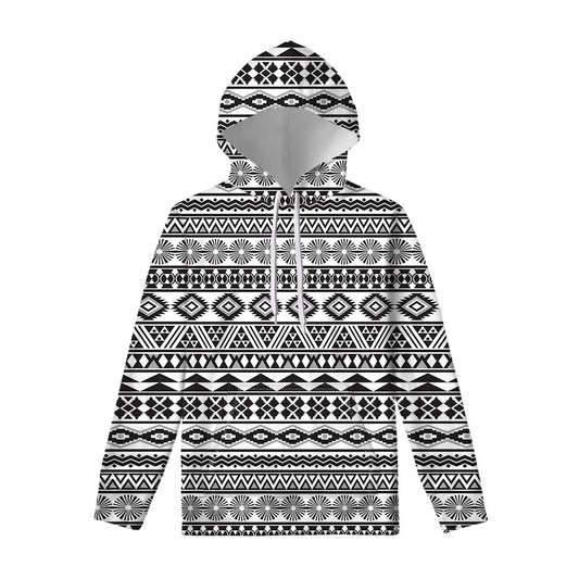 White And Grey Aztec Pattern Print Pullover Hoodie