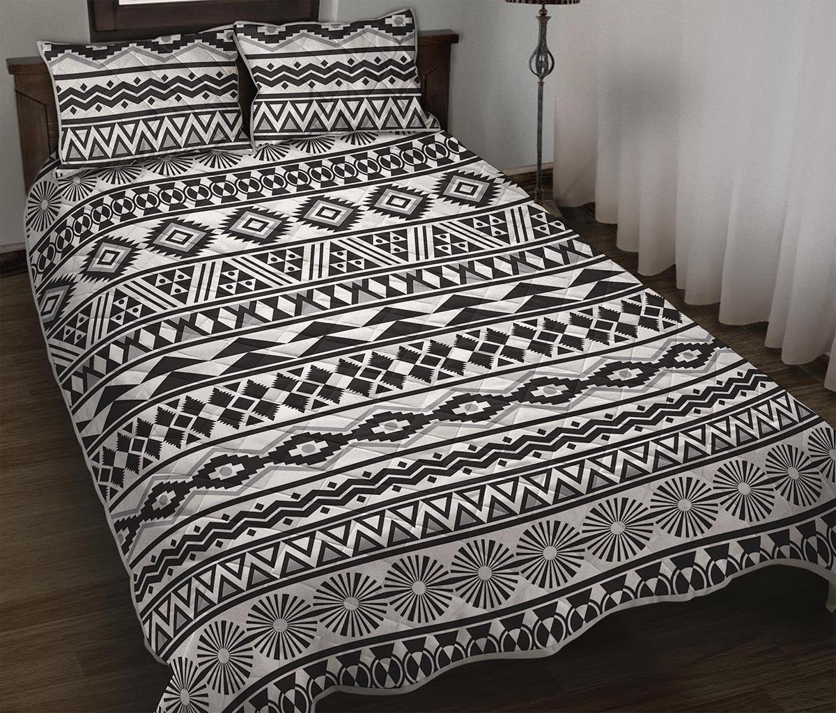White And Grey Aztec Pattern Print Quilt Bed Set