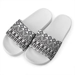 White And Grey Aztec Pattern Print White Slide Sandals