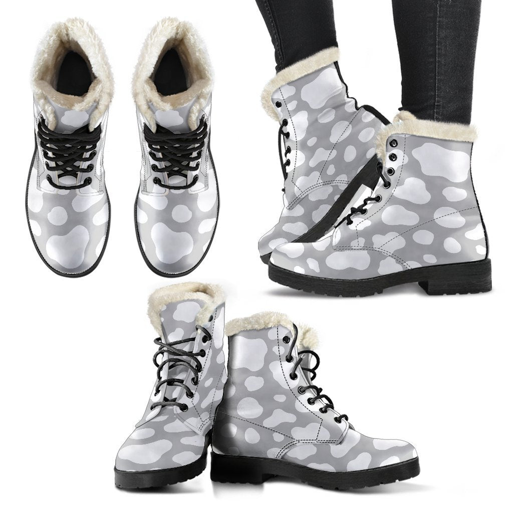White And Grey Cow Print Comfy Boots GearFrost