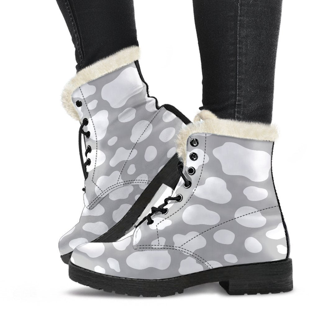 White And Grey Cow Print Comfy Boots GearFrost