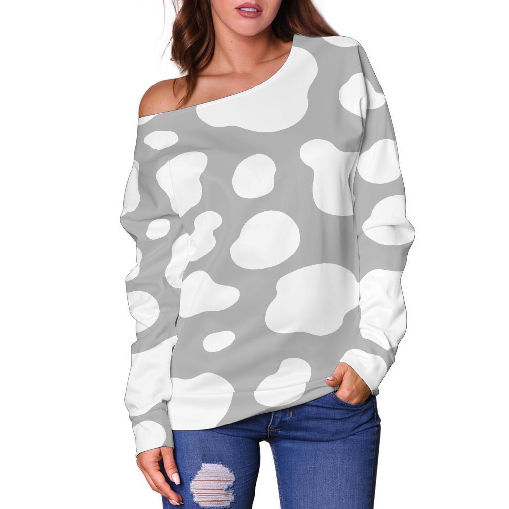 White And Grey Cow Print Off Shoulder Sweatshirt GearFrost