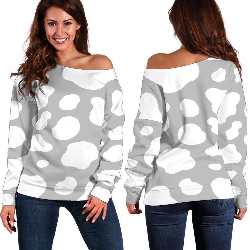 White And Grey Cow Print Off Shoulder Sweatshirt GearFrost