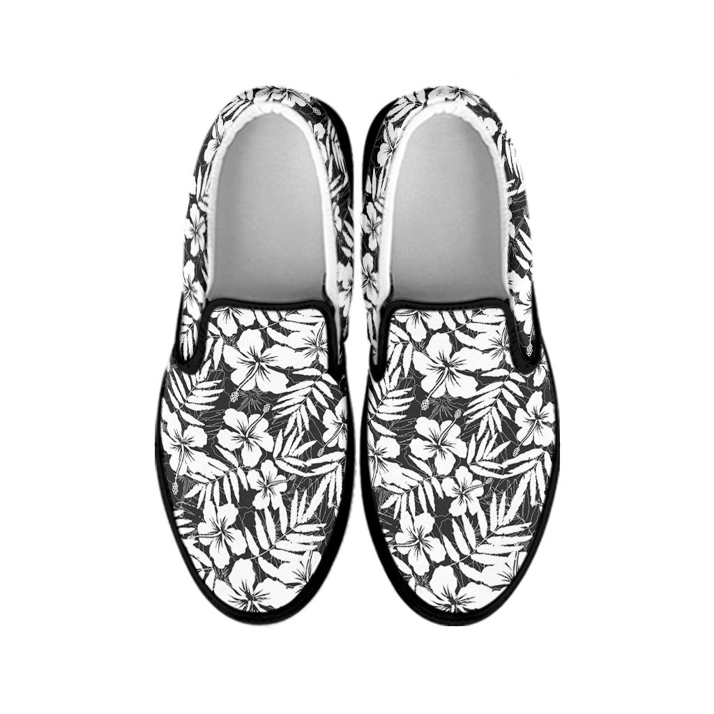 White And Grey Hawaiian Pattern Print Black Slip On Shoes