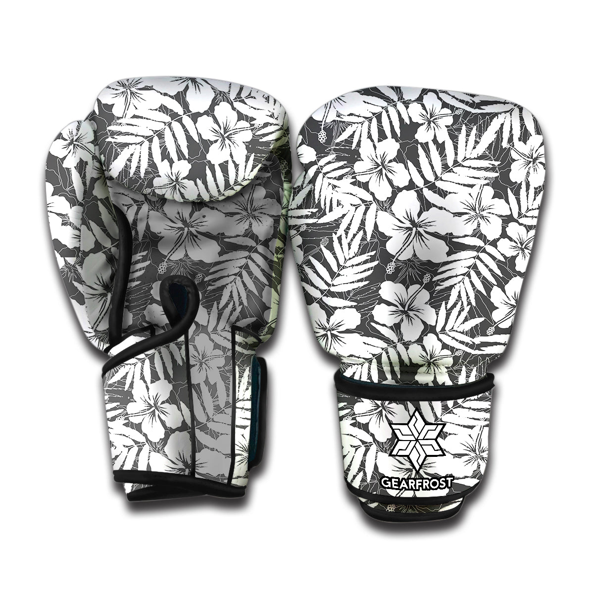 White And Grey Hawaiian Pattern Print Boxing Gloves