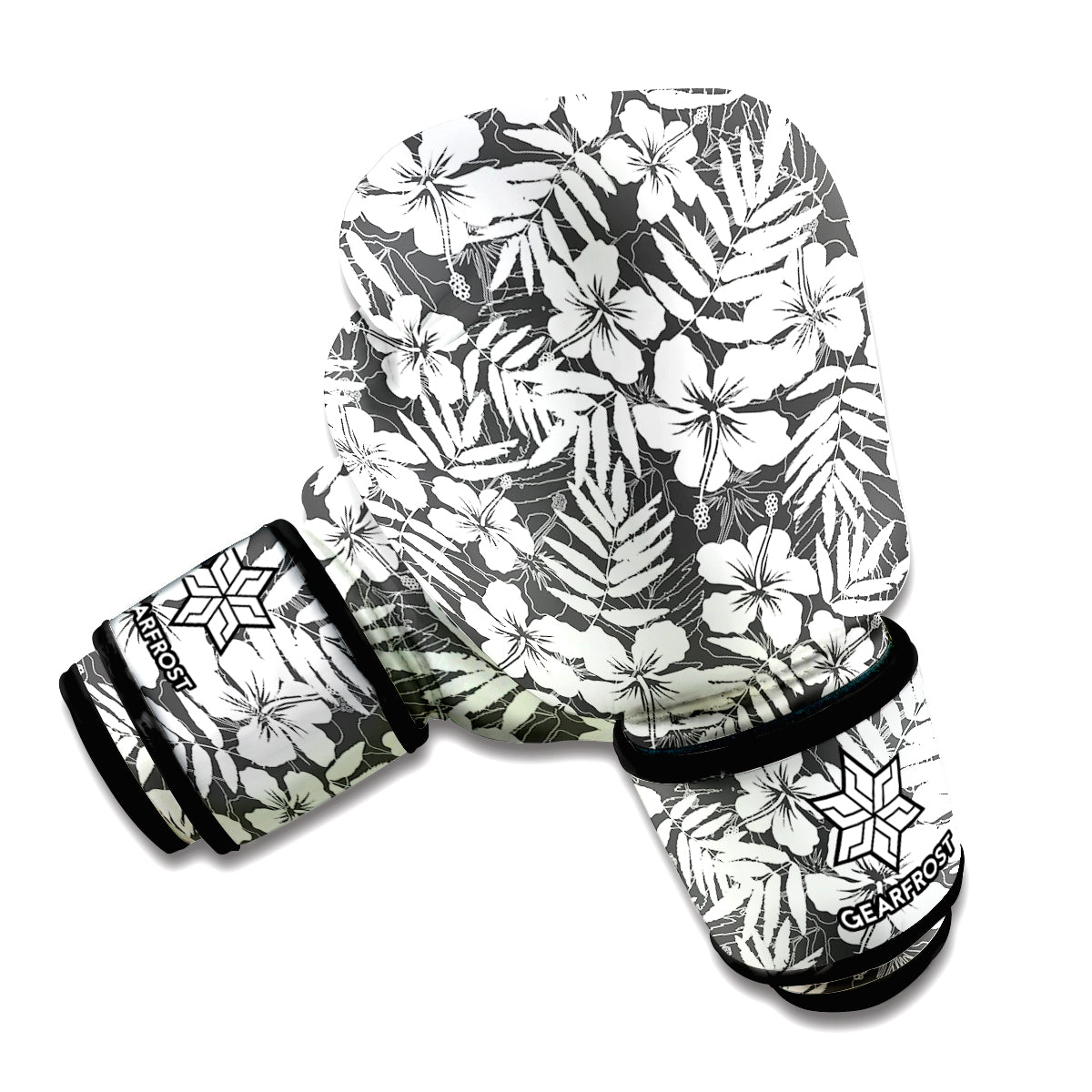 White And Grey Hawaiian Pattern Print Boxing Gloves
