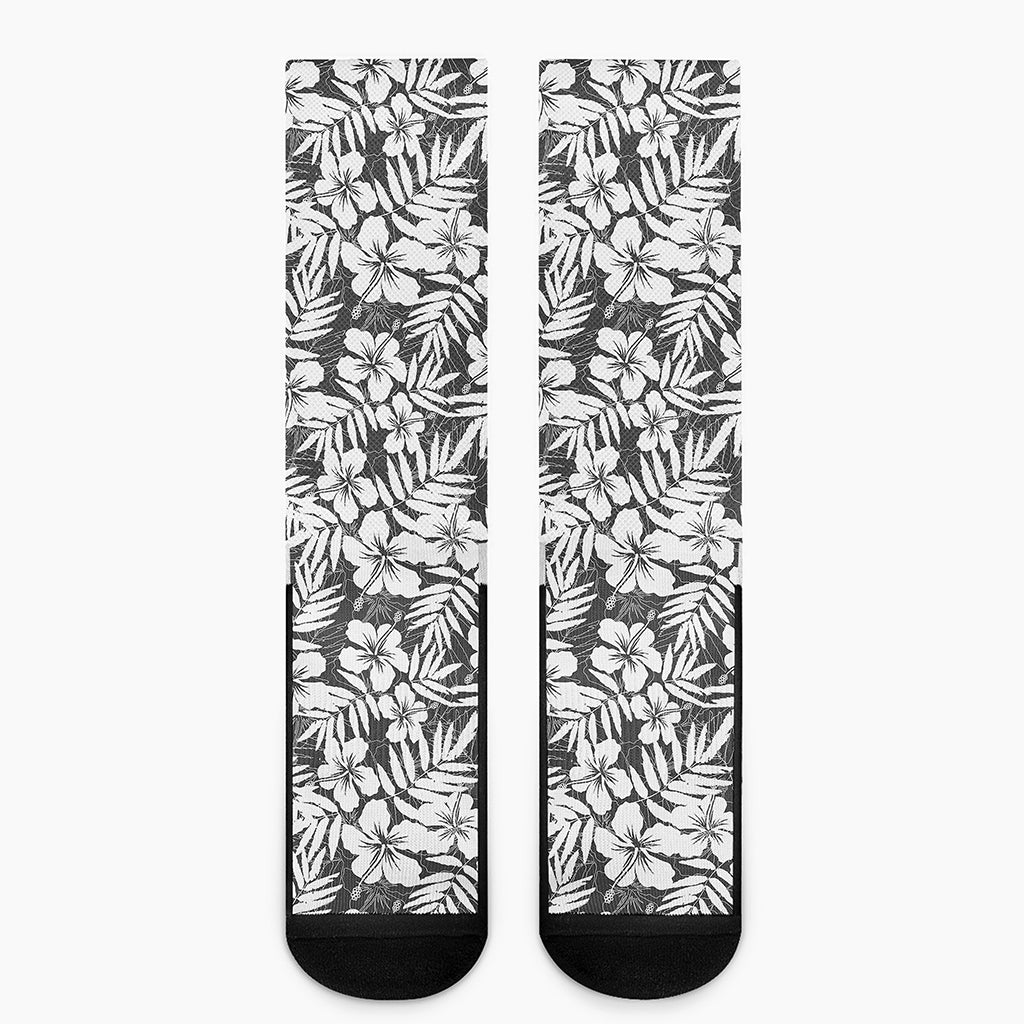 White And Grey Hawaiian Pattern Print Crew Socks