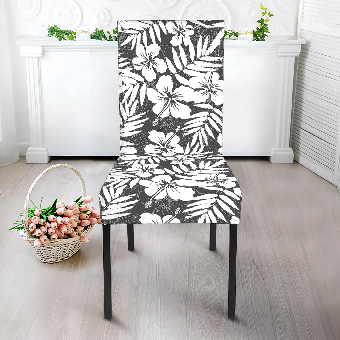 White And Grey Hawaiian Pattern Print Dining Chair Slipcover