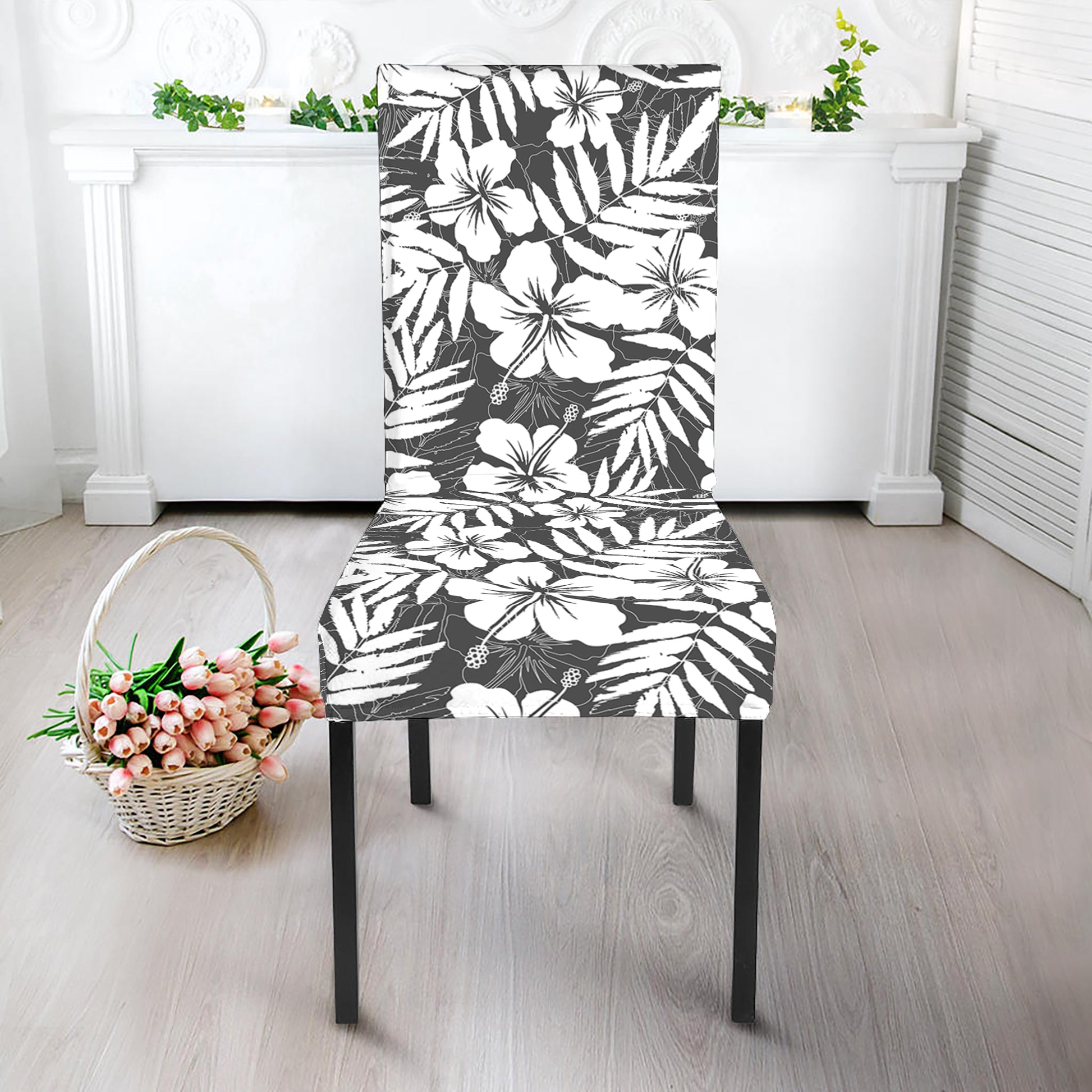 White And Grey Hawaiian Pattern Print Dining Chair Slipcover