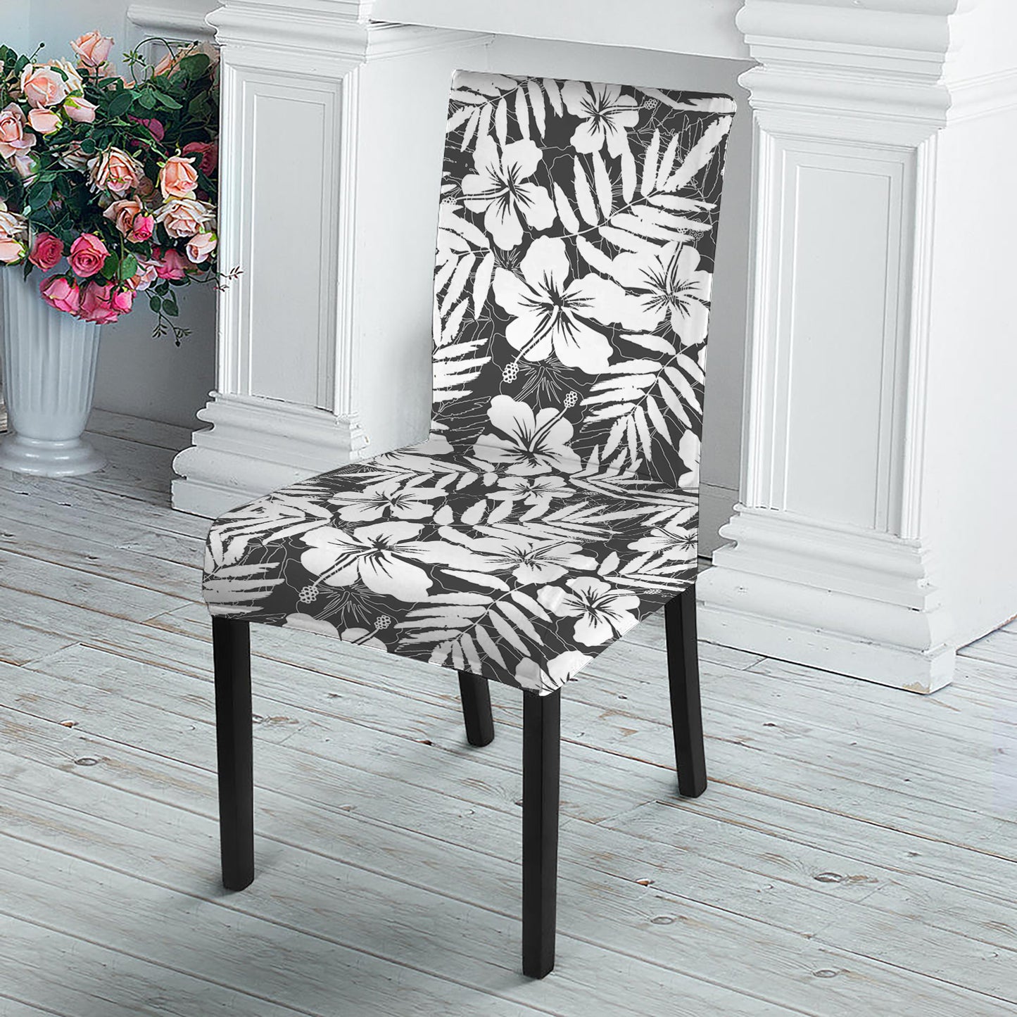 White And Grey Hawaiian Pattern Print Dining Chair Slipcover