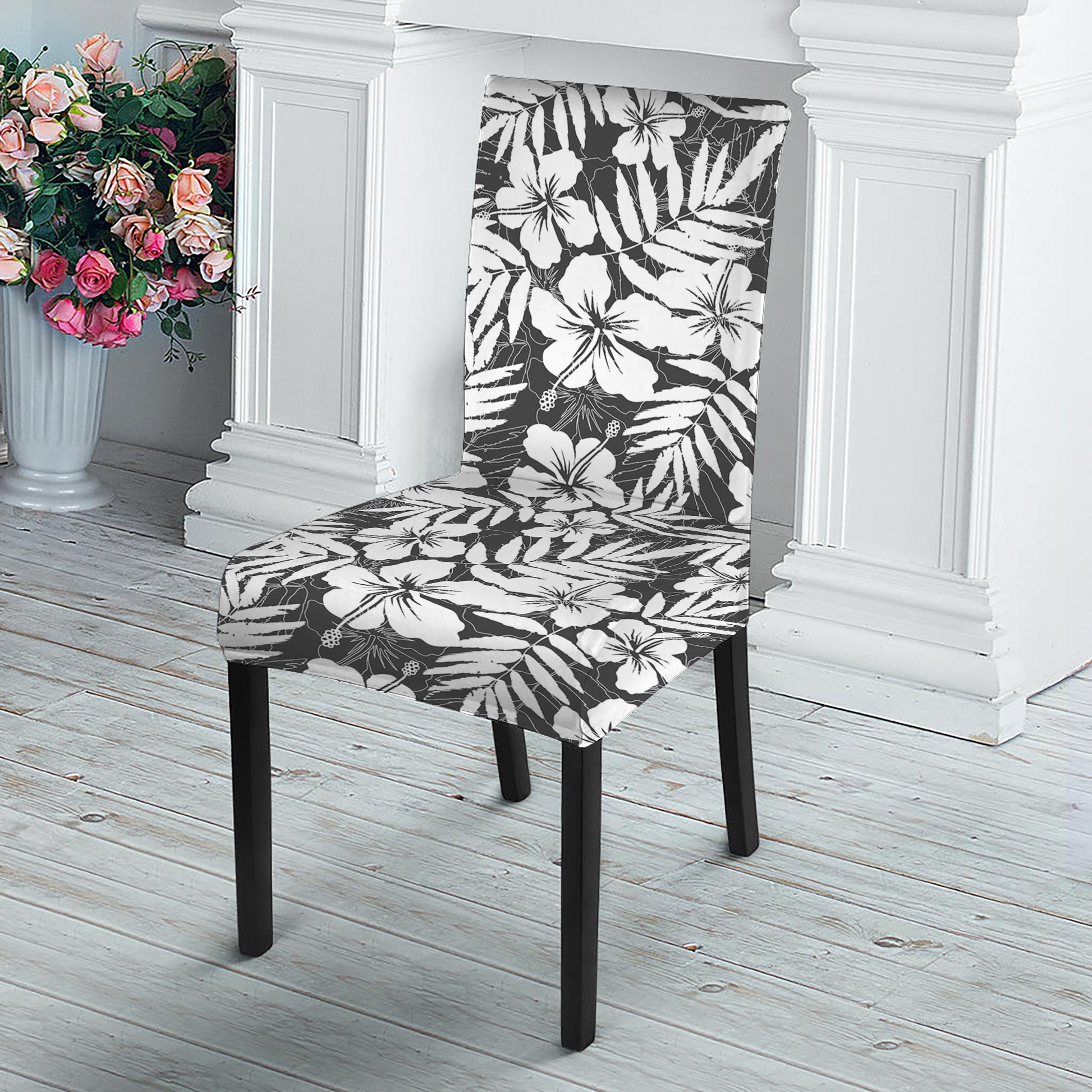 White And Grey Hawaiian Pattern Print Dining Chair Slipcover
