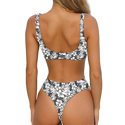 White And Grey Hawaiian Pattern Print Front Bow Tie Bikini