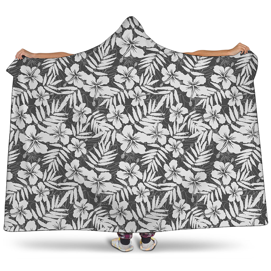 White And Grey Hawaiian Pattern Print Hooded Blanket