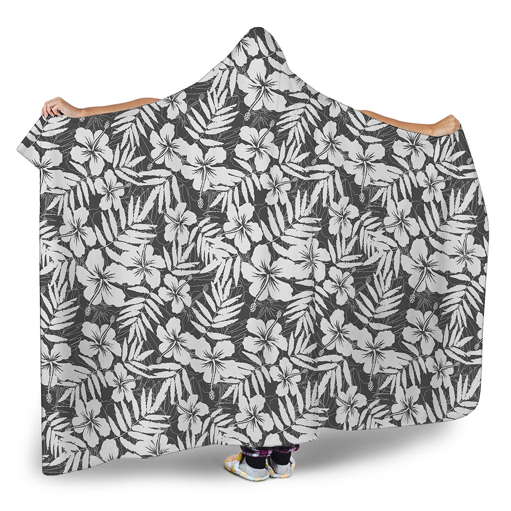White And Grey Hawaiian Pattern Print Hooded Blanket