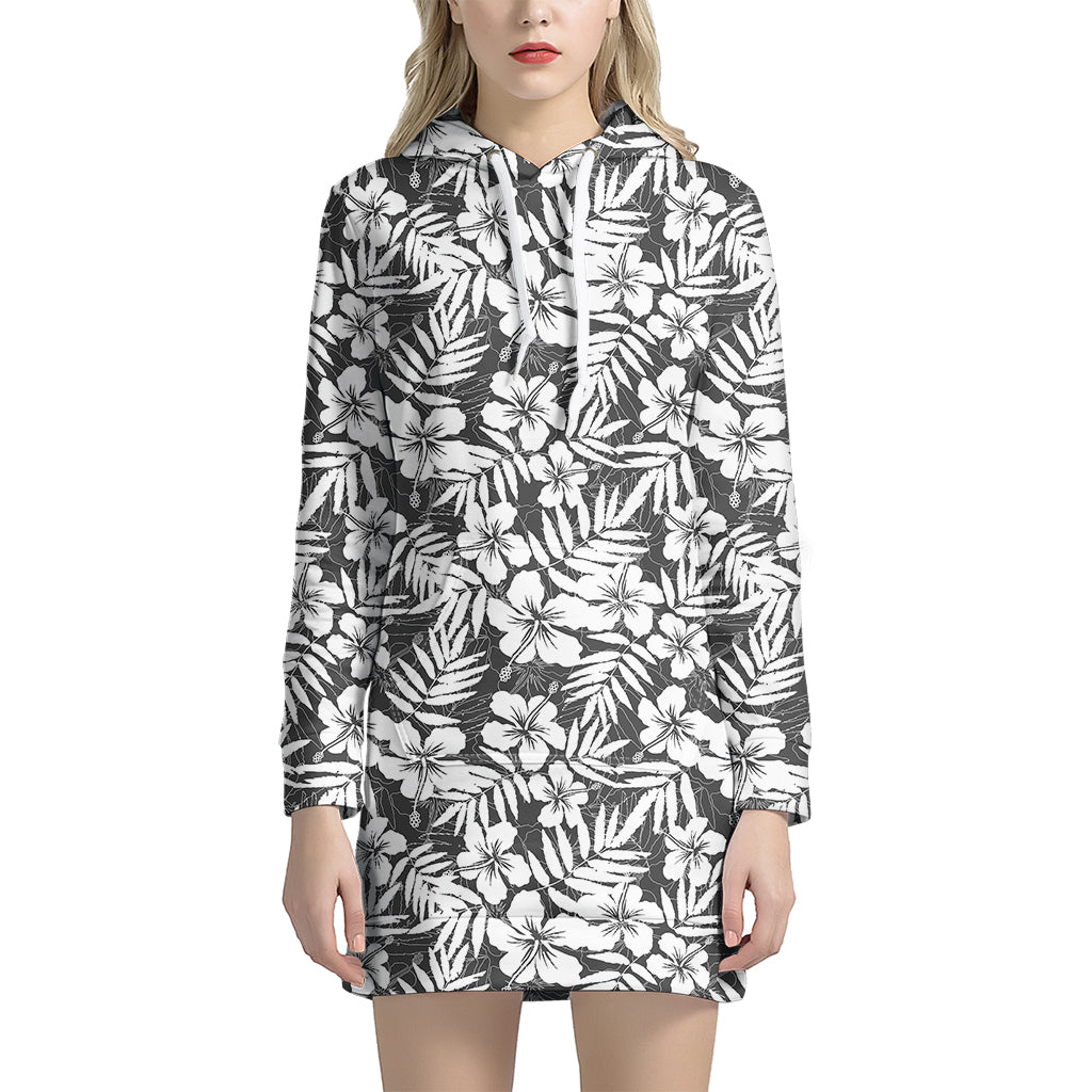 White And Grey Hawaiian Pattern Print Hoodie Dress