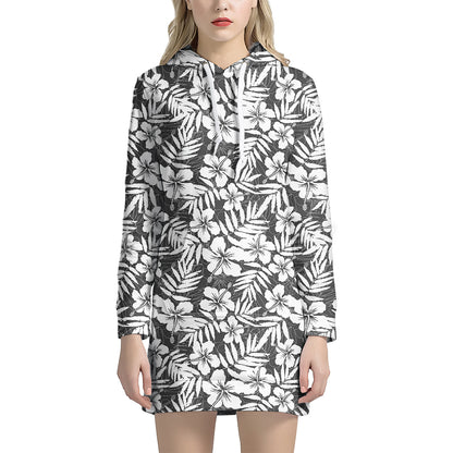 White And Grey Hawaiian Pattern Print Hoodie Dress