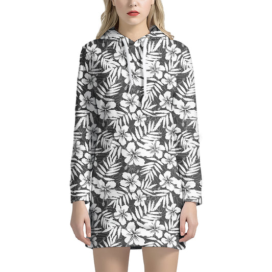 White And Grey Hawaiian Pattern Print Hoodie Dress