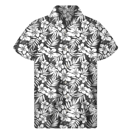 White And Grey Hawaiian Pattern Print Men's Short Sleeve Shirt