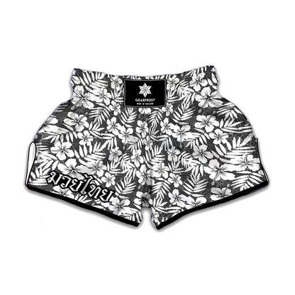 White And Grey Hawaiian Pattern Print Muay Thai Boxing Shorts