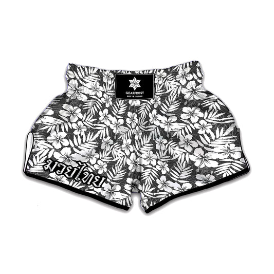 White And Grey Hawaiian Pattern Print Muay Thai Boxing Shorts