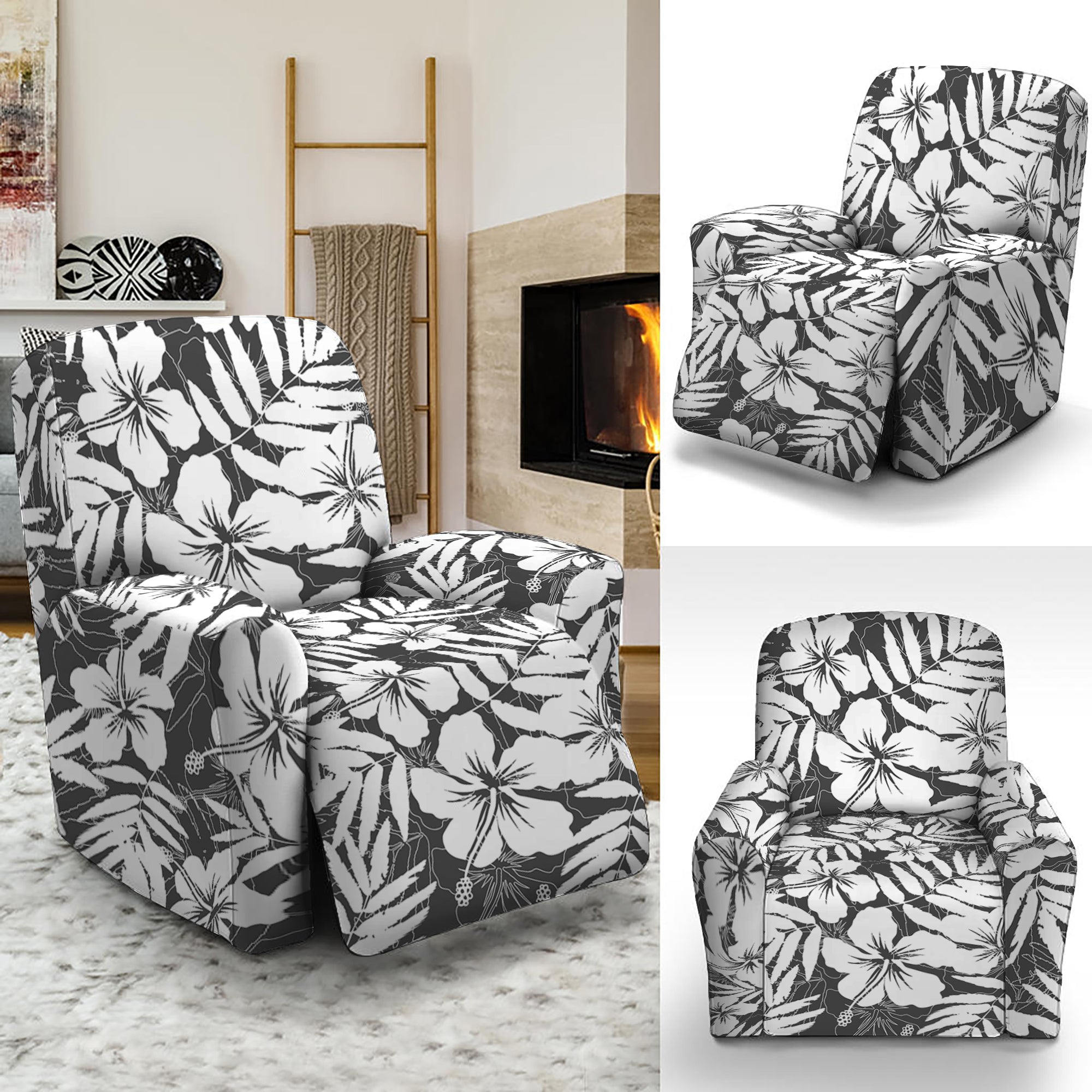 White And Grey Hawaiian Pattern Print Recliner Slipcover