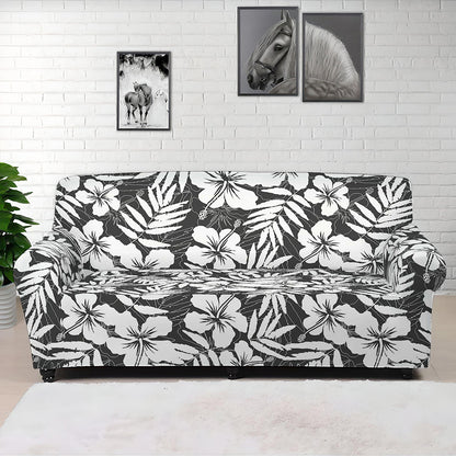 White And Grey Hawaiian Pattern Print Sofa Cover