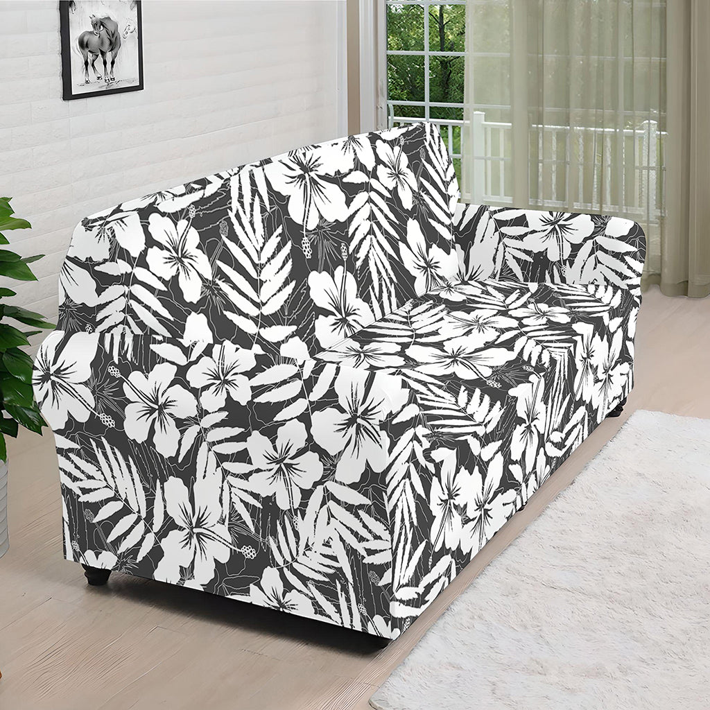 White And Grey Hawaiian Pattern Print Sofa Cover