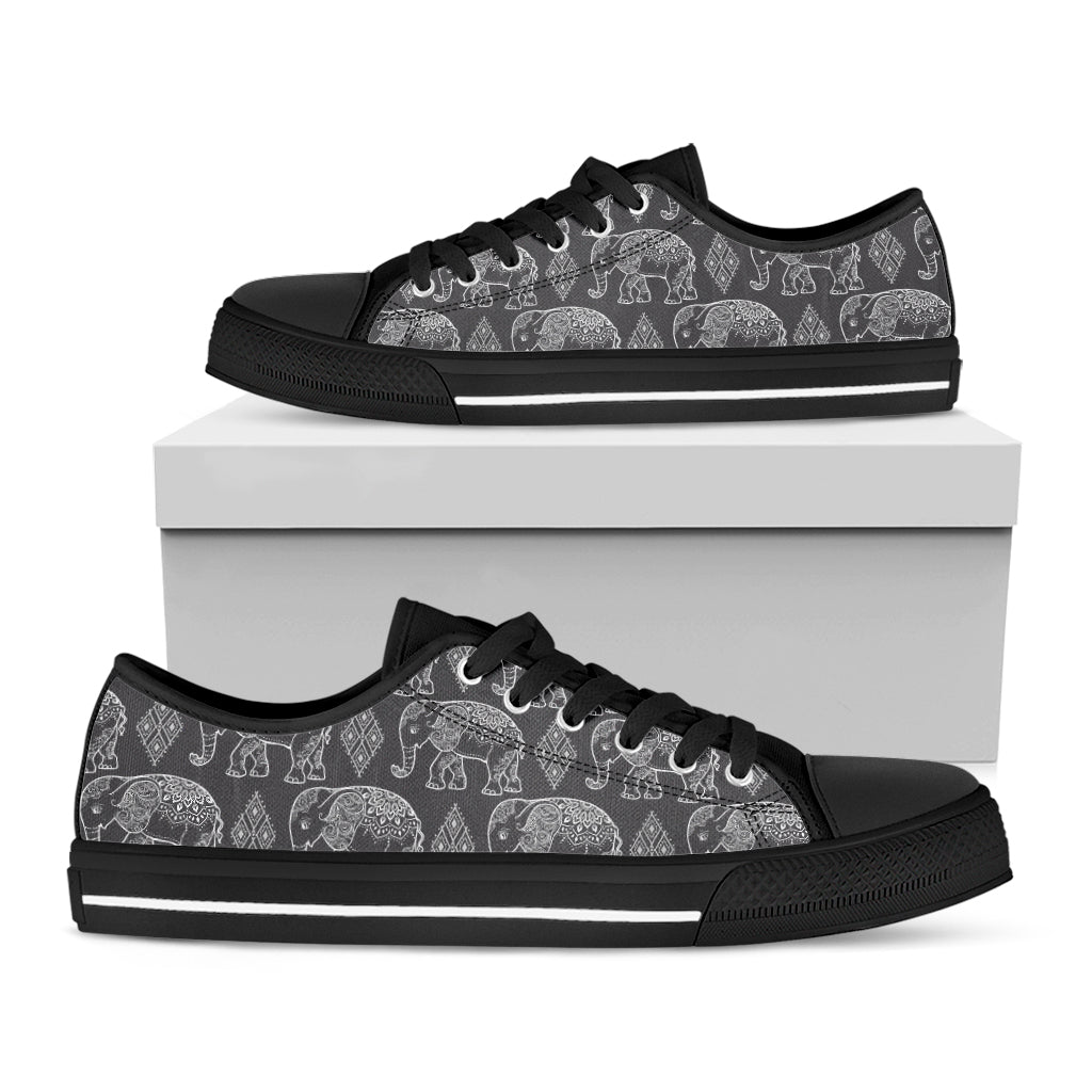 White And Grey Indian Elephant Print Black Low Top Shoes