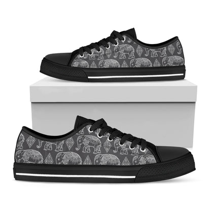 White And Grey Indian Elephant Print Black Low Top Shoes