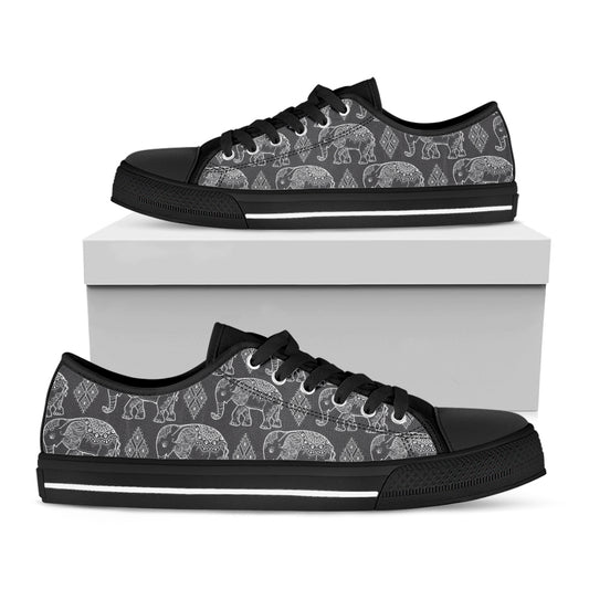 White And Grey Indian Elephant Print Black Low Top Shoes