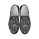White And Grey Indian Elephant Print Black Slip On Shoes