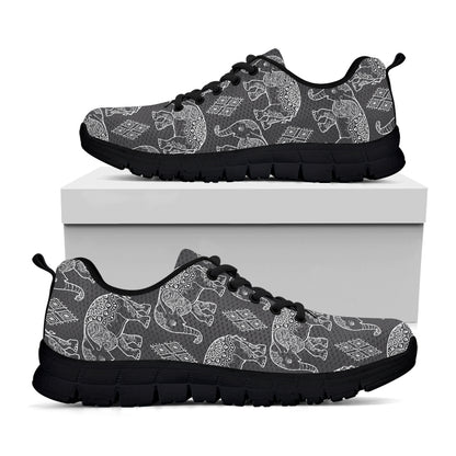 White And Grey Indian Elephant Print Black Sneakers