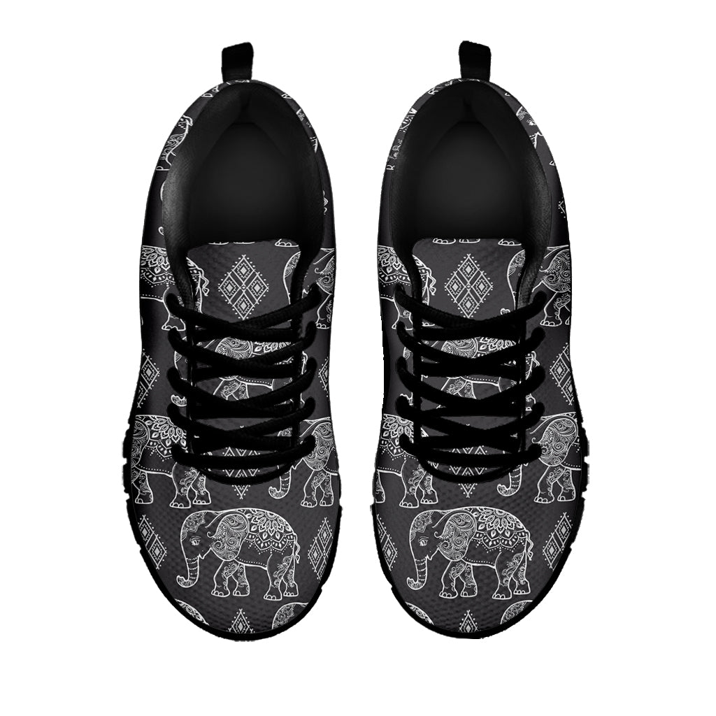 White And Grey Indian Elephant Print Black Sneakers