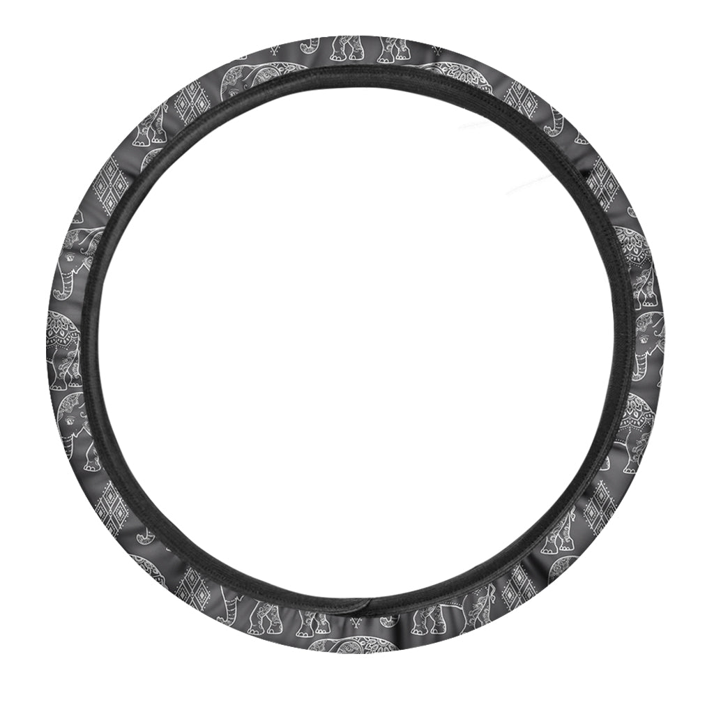 White And Grey Indian Elephant Print Car Steering Wheel Cover
