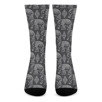 White And Grey Indian Elephant Print Crew Socks