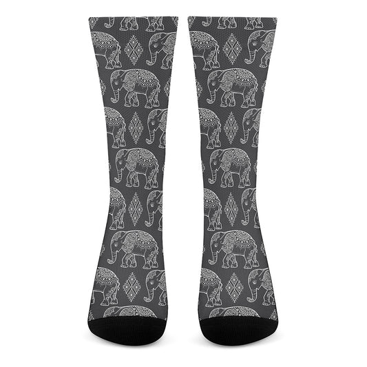 White And Grey Indian Elephant Print Crew Socks