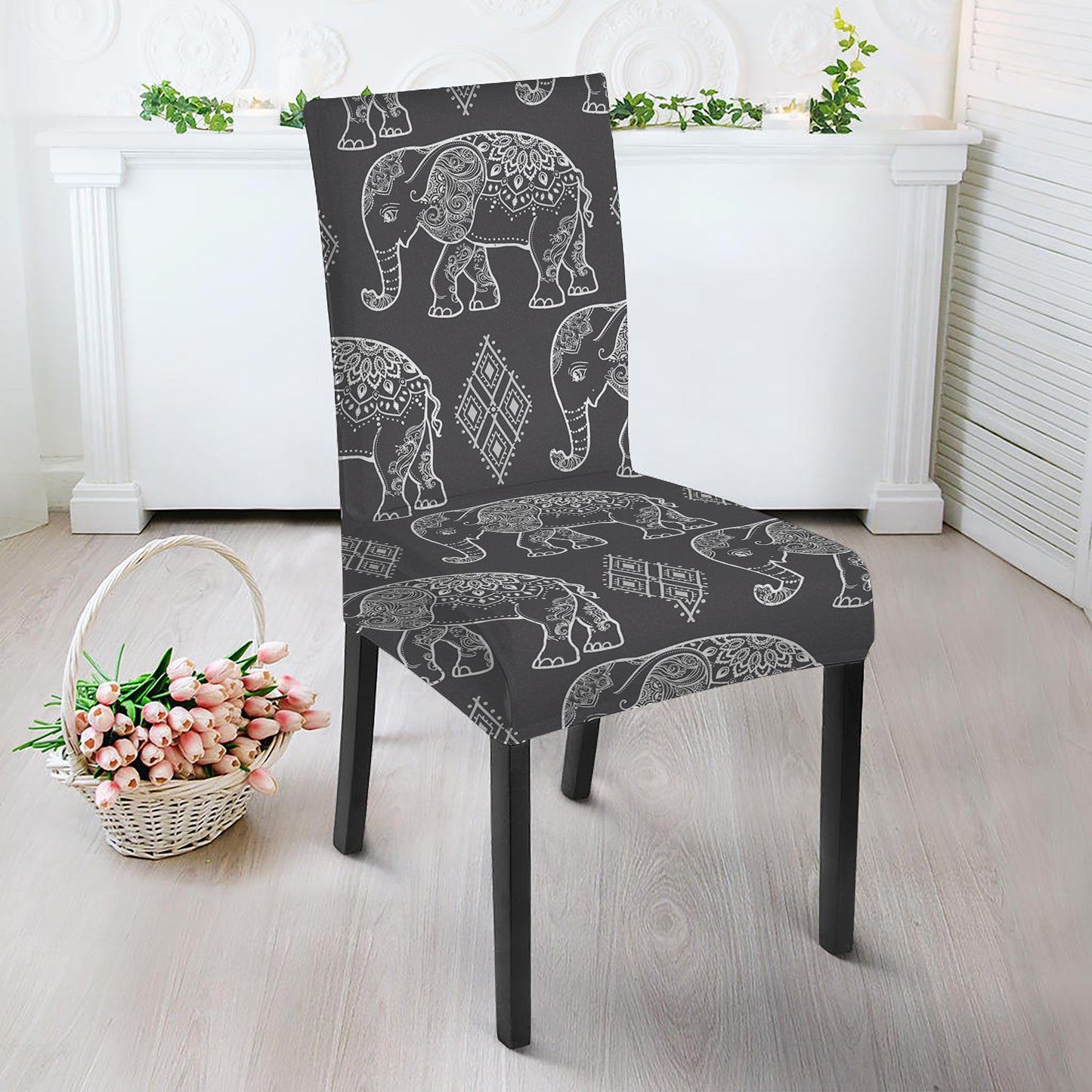 White And Grey Indian Elephant Print Dining Chair Slipcover