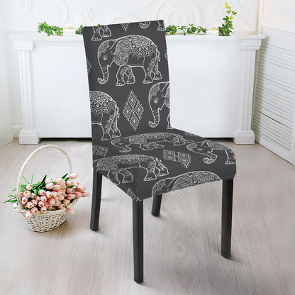 White And Grey Indian Elephant Print Dining Chair Slipcover