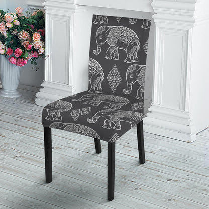 White And Grey Indian Elephant Print Dining Chair Slipcover