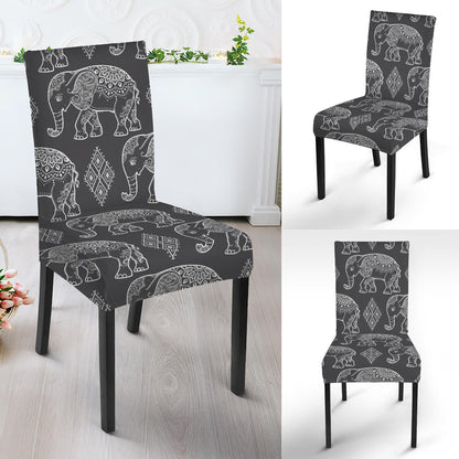 White And Grey Indian Elephant Print Dining Chair Slipcover