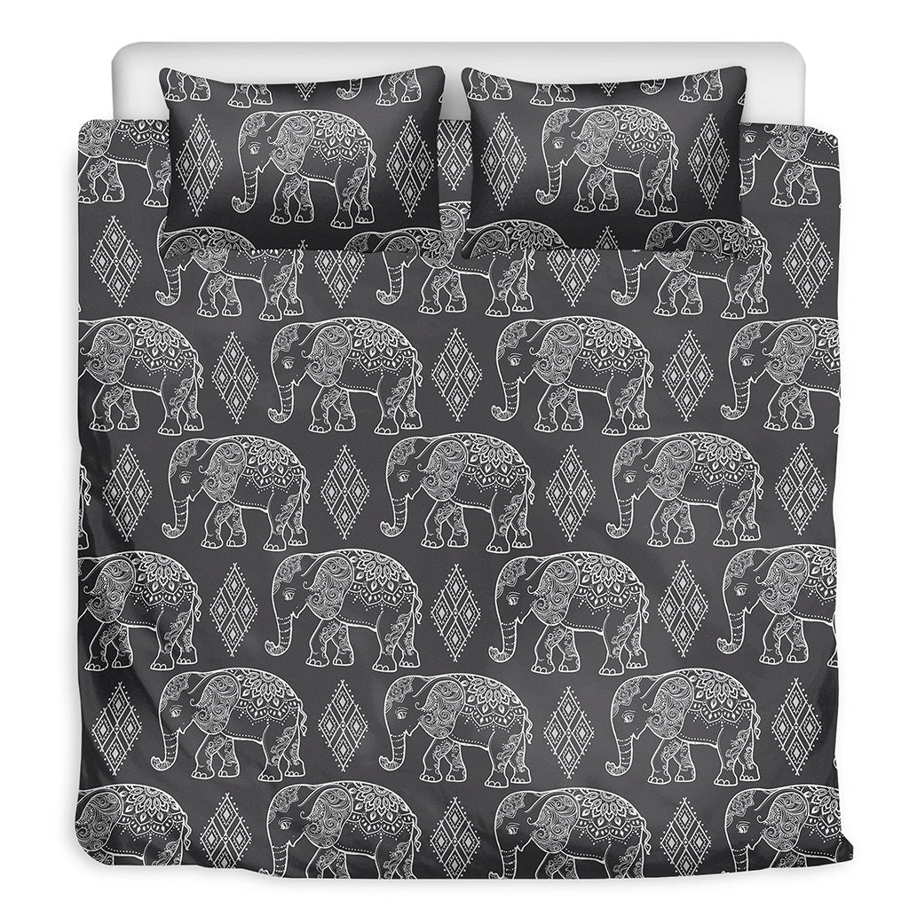 White And Grey Indian Elephant Print Duvet Cover Bedding Set