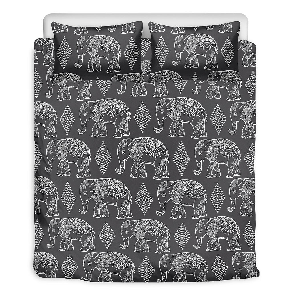 White And Grey Indian Elephant Print Duvet Cover Bedding Set