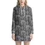 White And Grey Indian Elephant Print Hoodie Dress