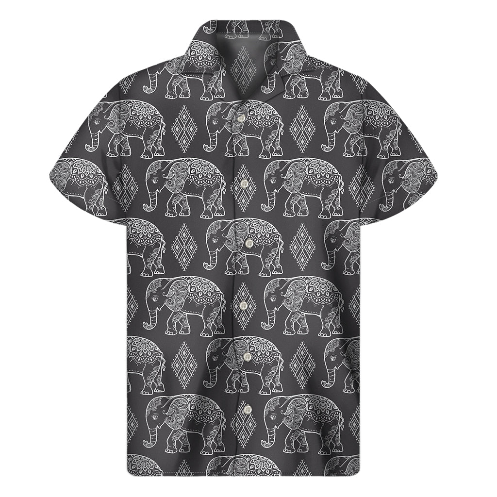 White And Grey Indian Elephant Print Men's Short Sleeve Shirt