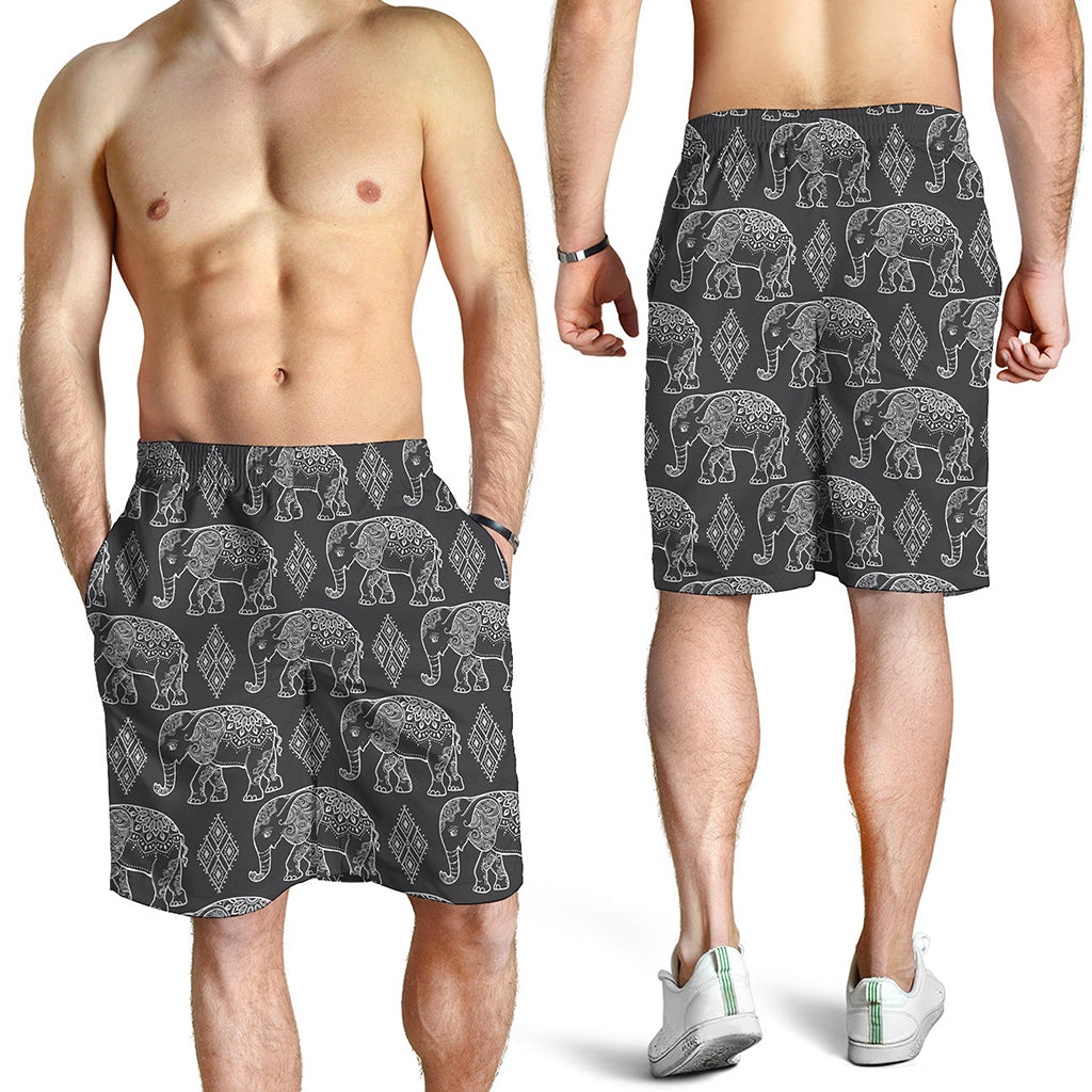 White And Grey Indian Elephant Print Men's Shorts
